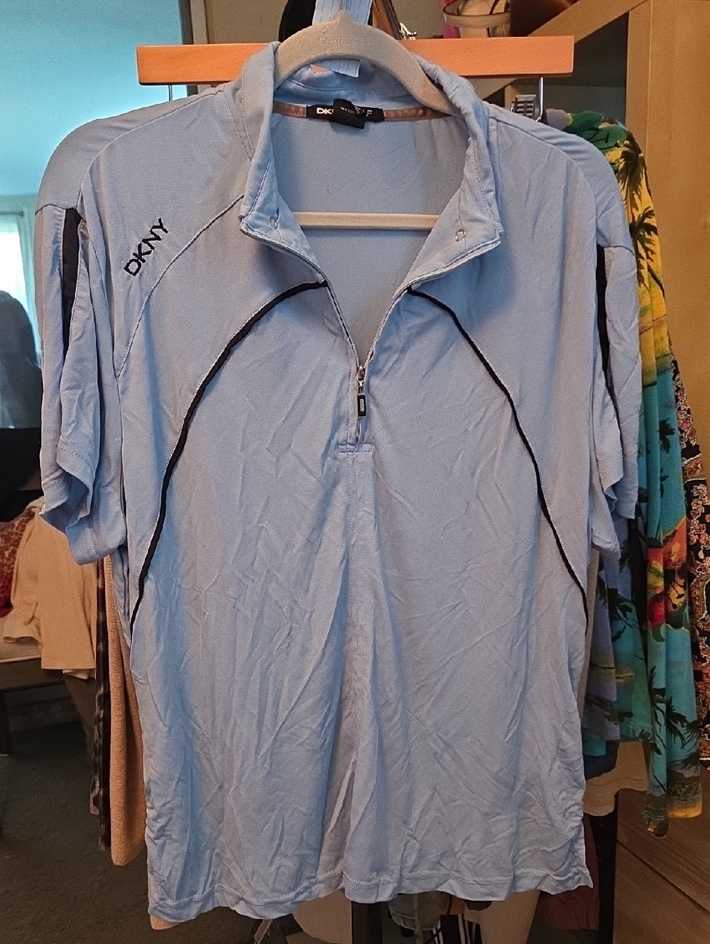 DKNY Light Blue Polo Zip Top with Black Piping